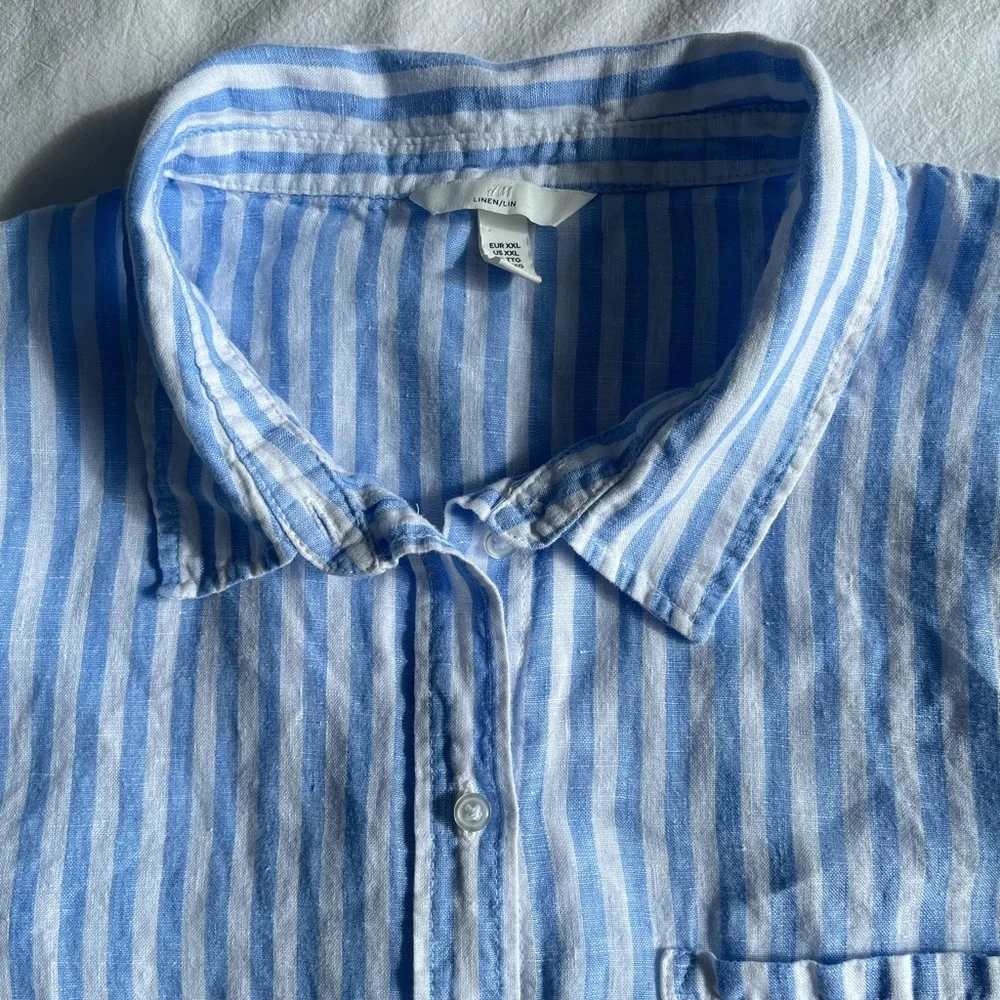 H&M 100% Linen Striped Button Down Shirt XXL Coastal Grandma Oversized Vacation - Picture 7 of 15